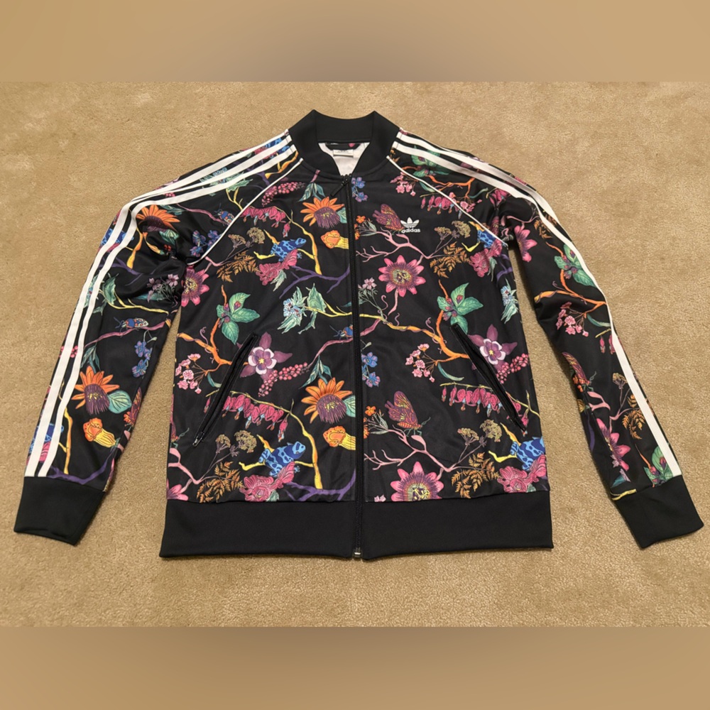 Adidas Black Floral Print Track Jacket with Multicolor Floral Accents